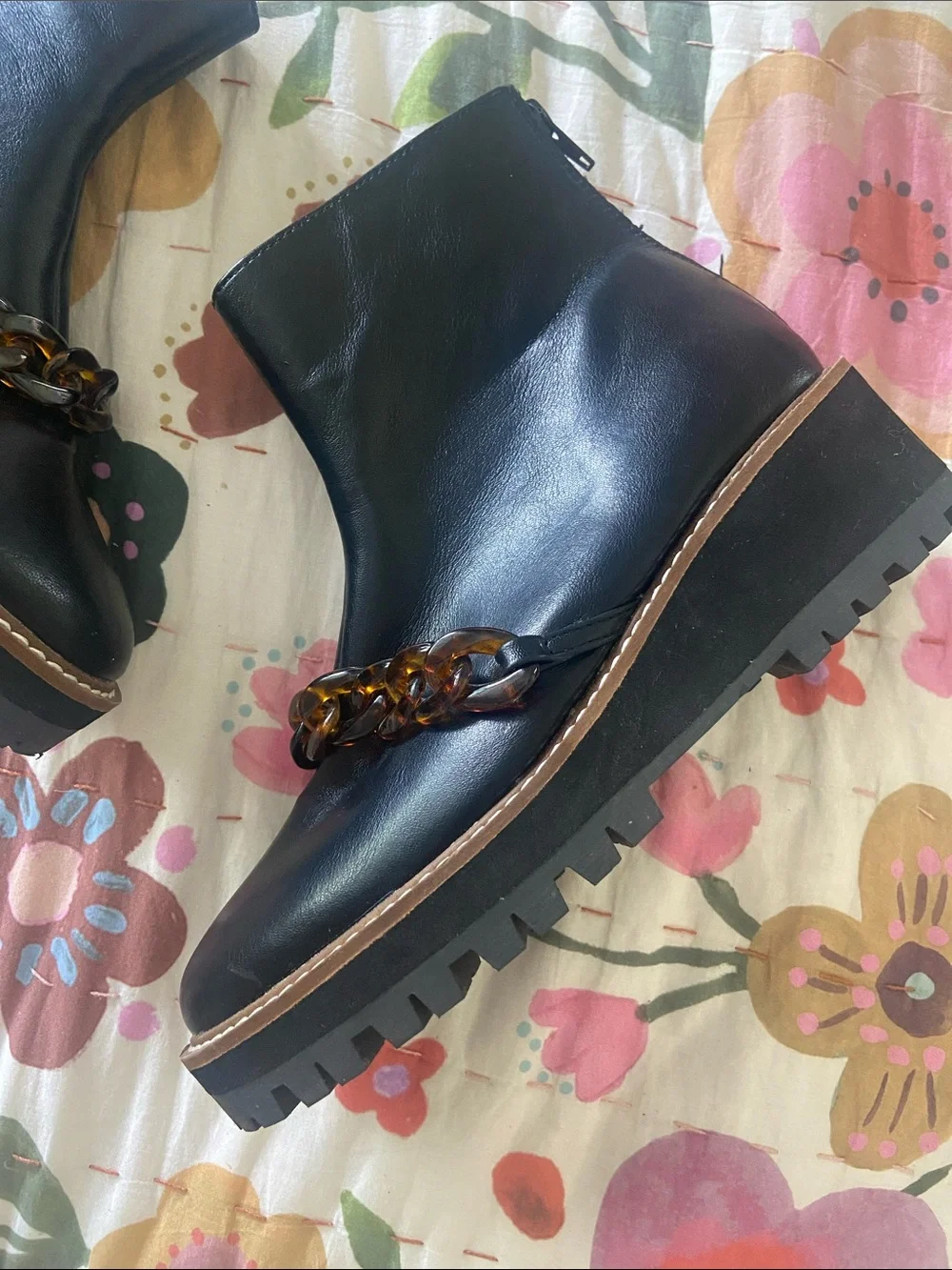 Coconuts by Matisse Black Leather Platform Ankle Boots with Tortoiseshell Chain